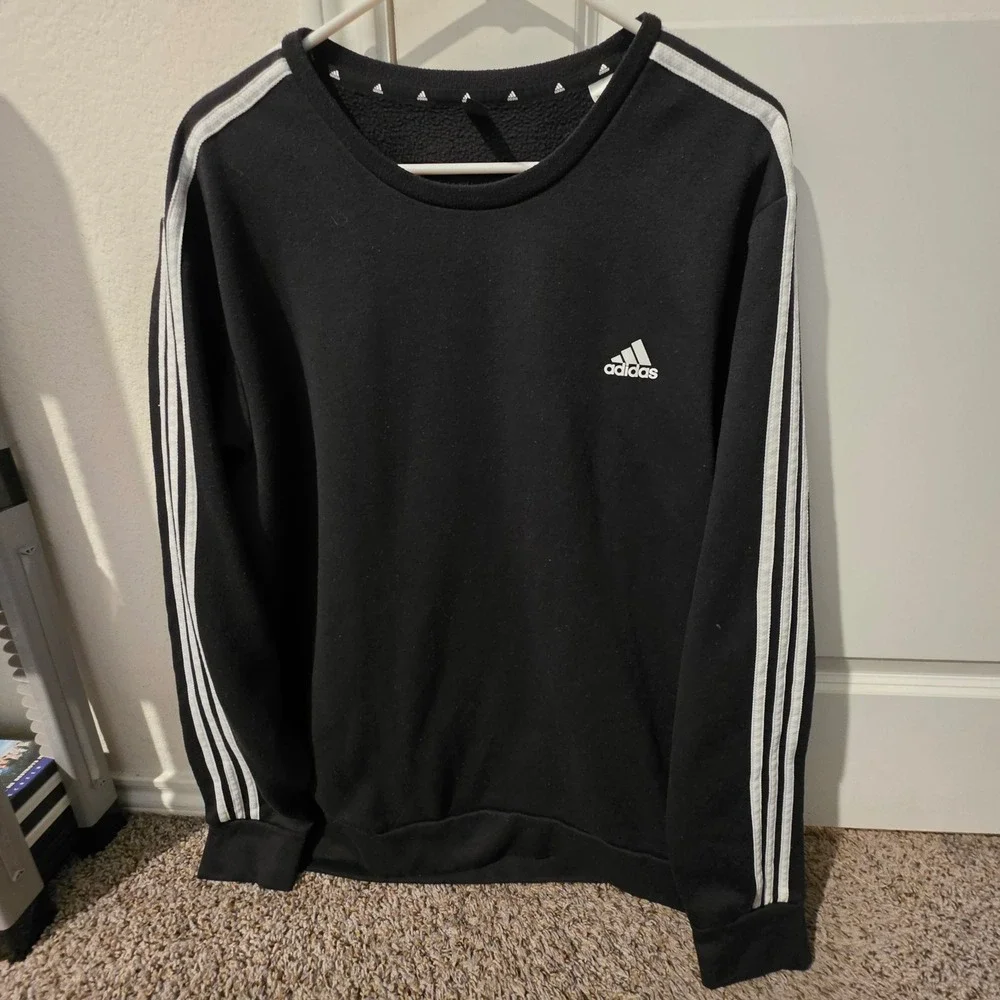 Adidas Primegreen Mens 2XL Black White 3 Stripe Fleece Crewneck Sweatshirt Logo